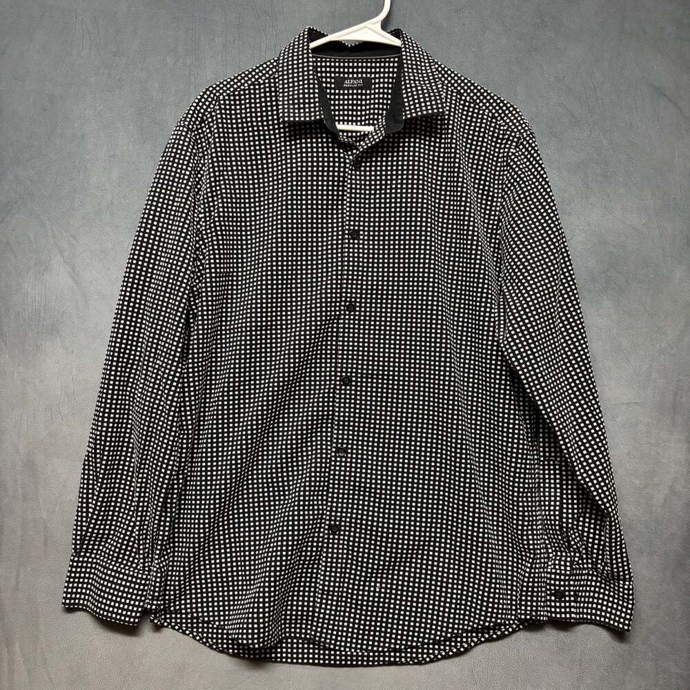 Alfani Regular Fit Button Down Shirt Black White Grid Checkered XL